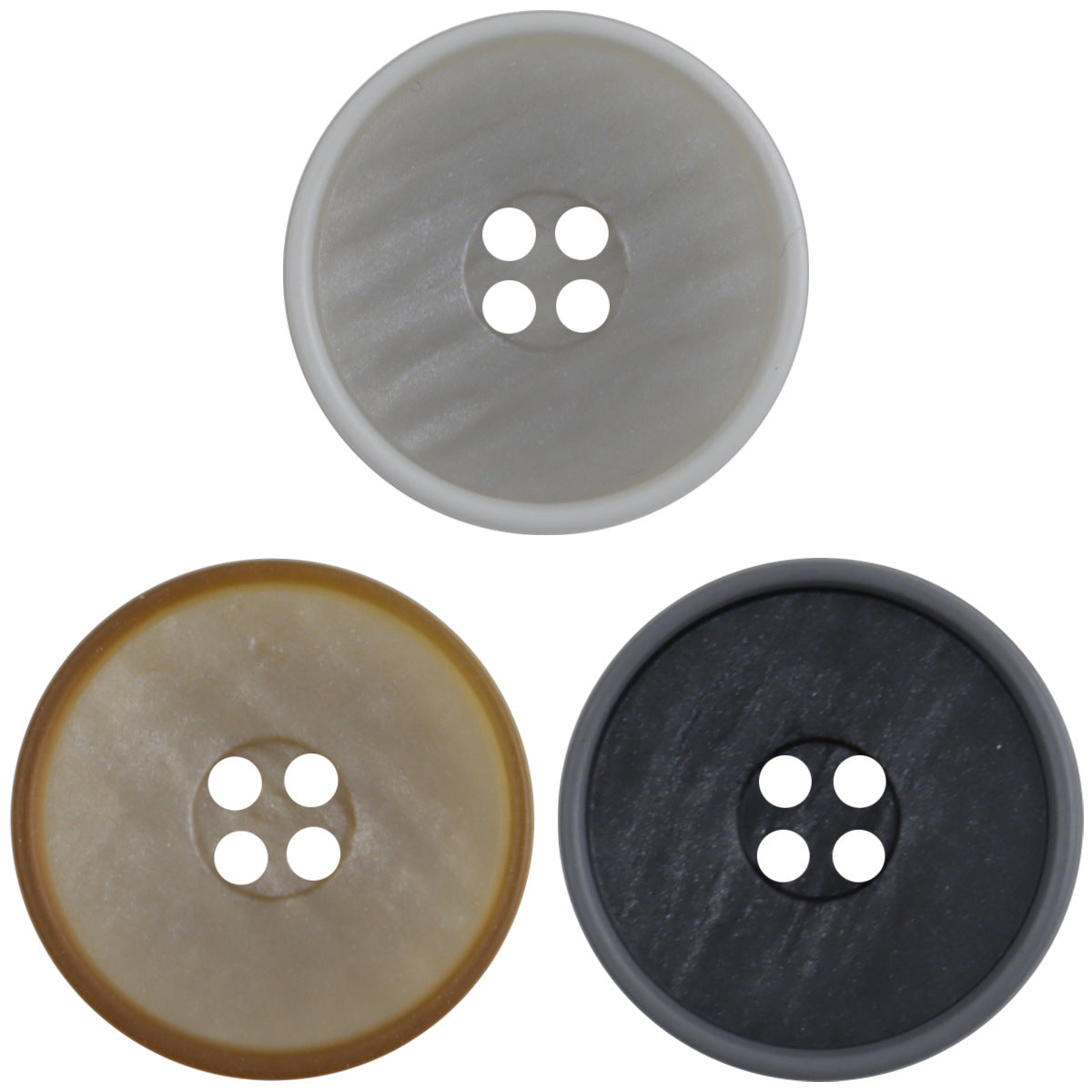 Round matte resin buttons, wood-grain, 4-hole—khaki, gray, black set (3 visible)