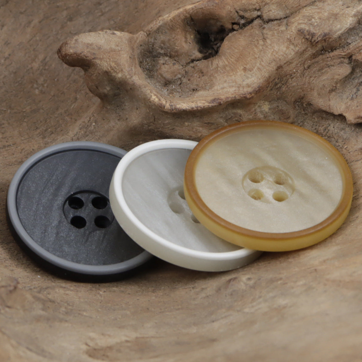 Khaki and gray round matte resin buttons with wood-grain, 4-hole design