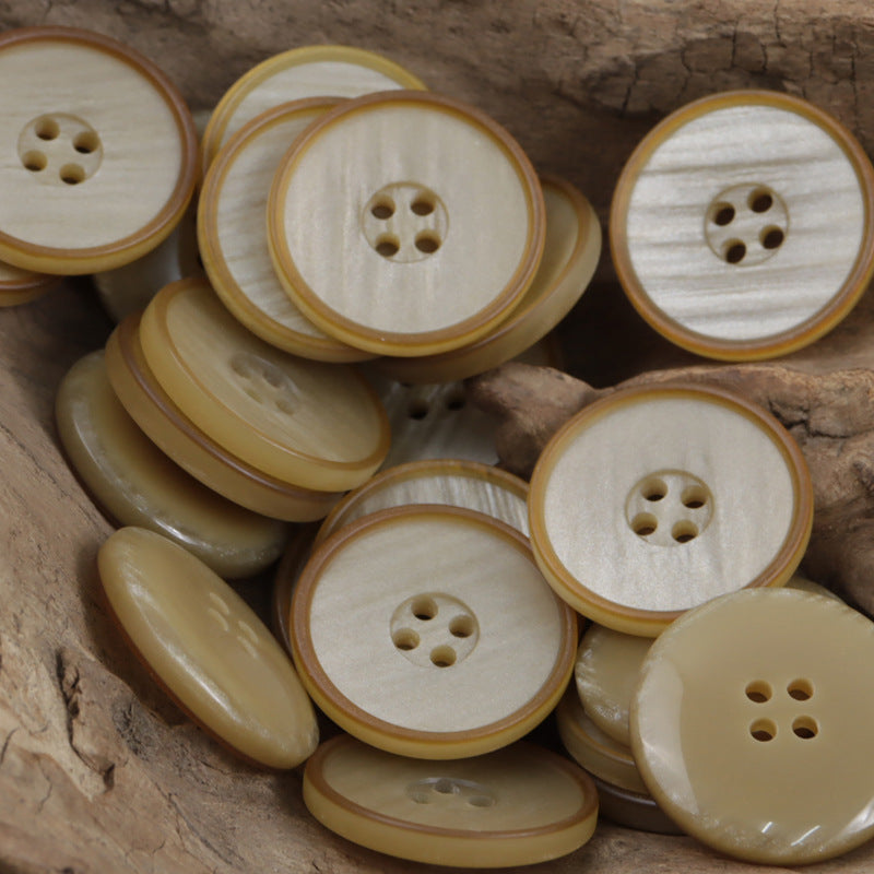 Round matte resin buttons with wood-grain edges, khaki tones, 4-hole