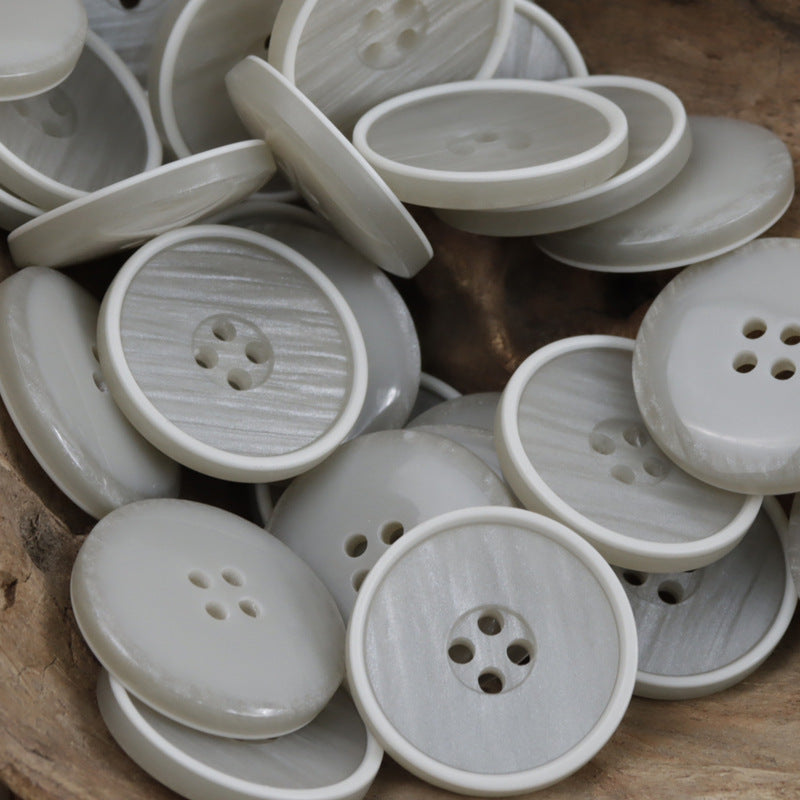 Light gray round matte resin buttons with wood-grain, 4-hole, mixed set
