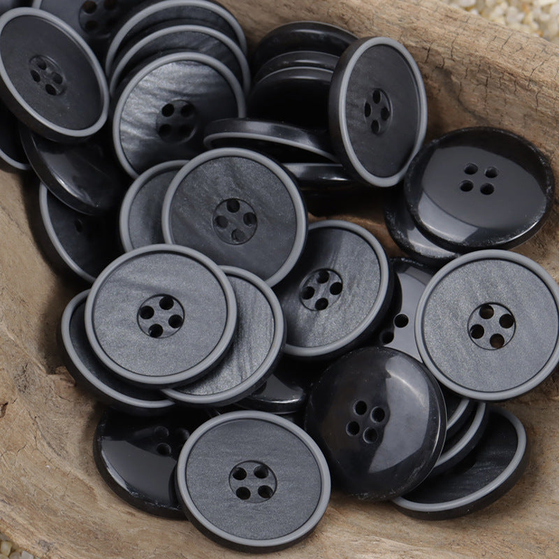 Gray and black round matte resin buttons, wood-grain look, 4-hole, mixed set