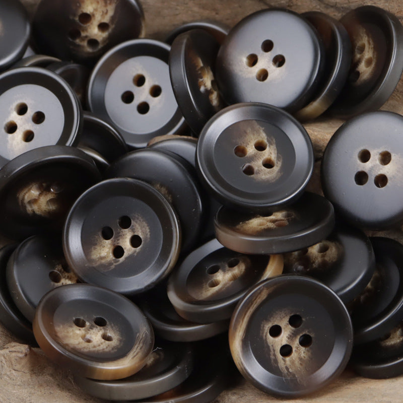 Dark gray/black round resin buttons with 4 holes, mixed tones and finishes
