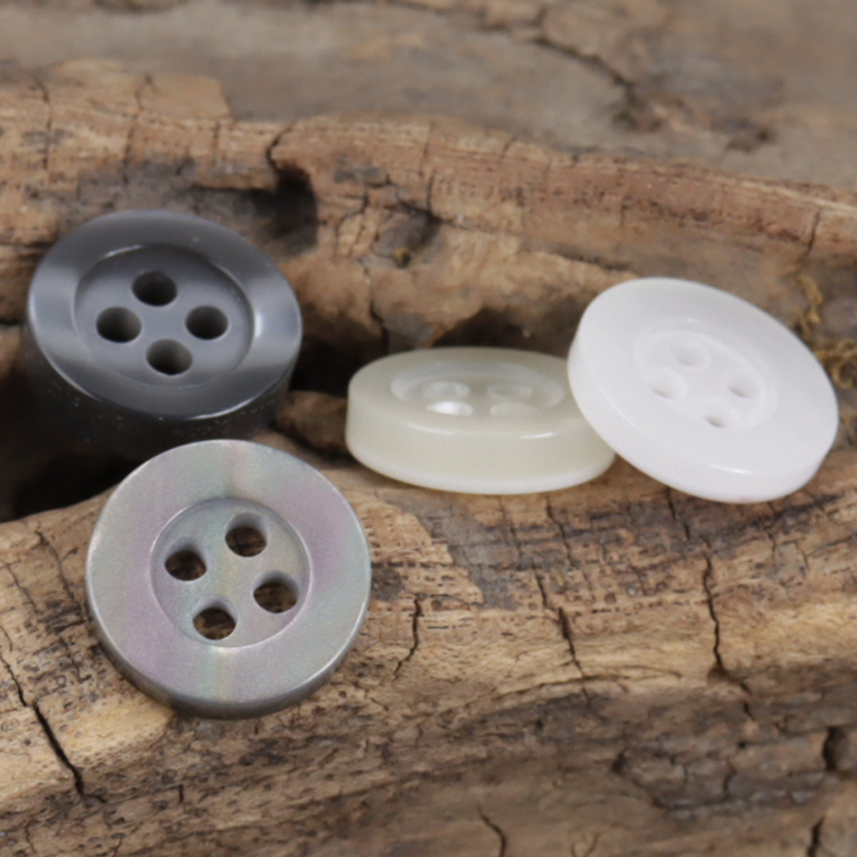 11.5mm resin buttons, wide edge, 4-hole, gray and white