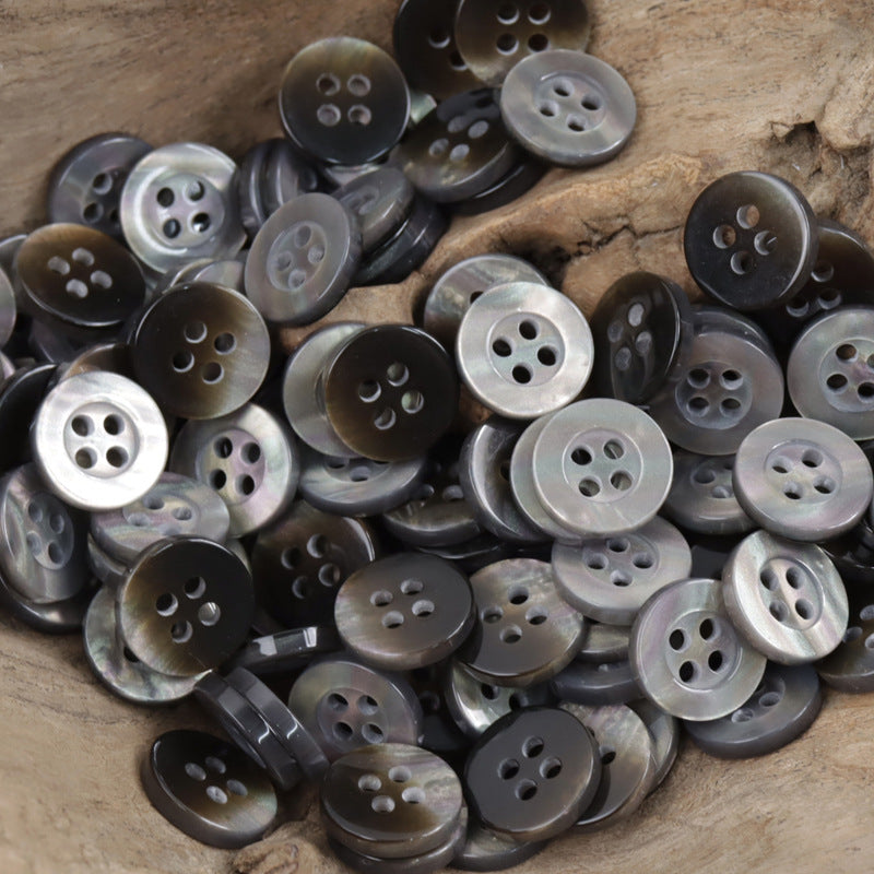 Dark gray resin buttons, wide edge, 4-hole, 11.5mm—bulk mix