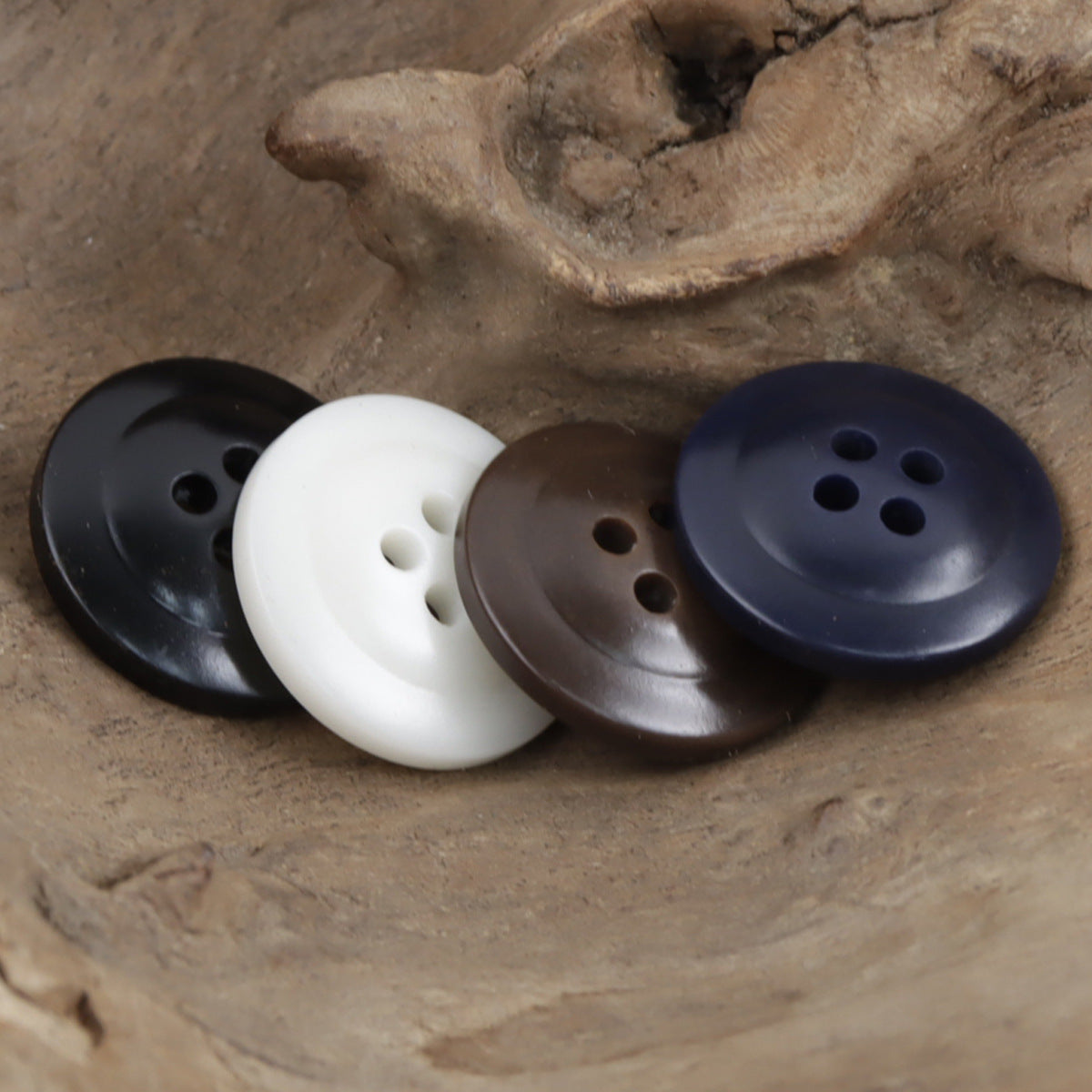 Cap-shaped resin buttons, 4-hole design in dark and light mixed colors