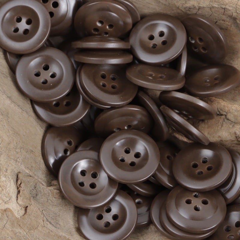 Brown cap-shaped resin buttons with 4-hole centers, assorted pieces