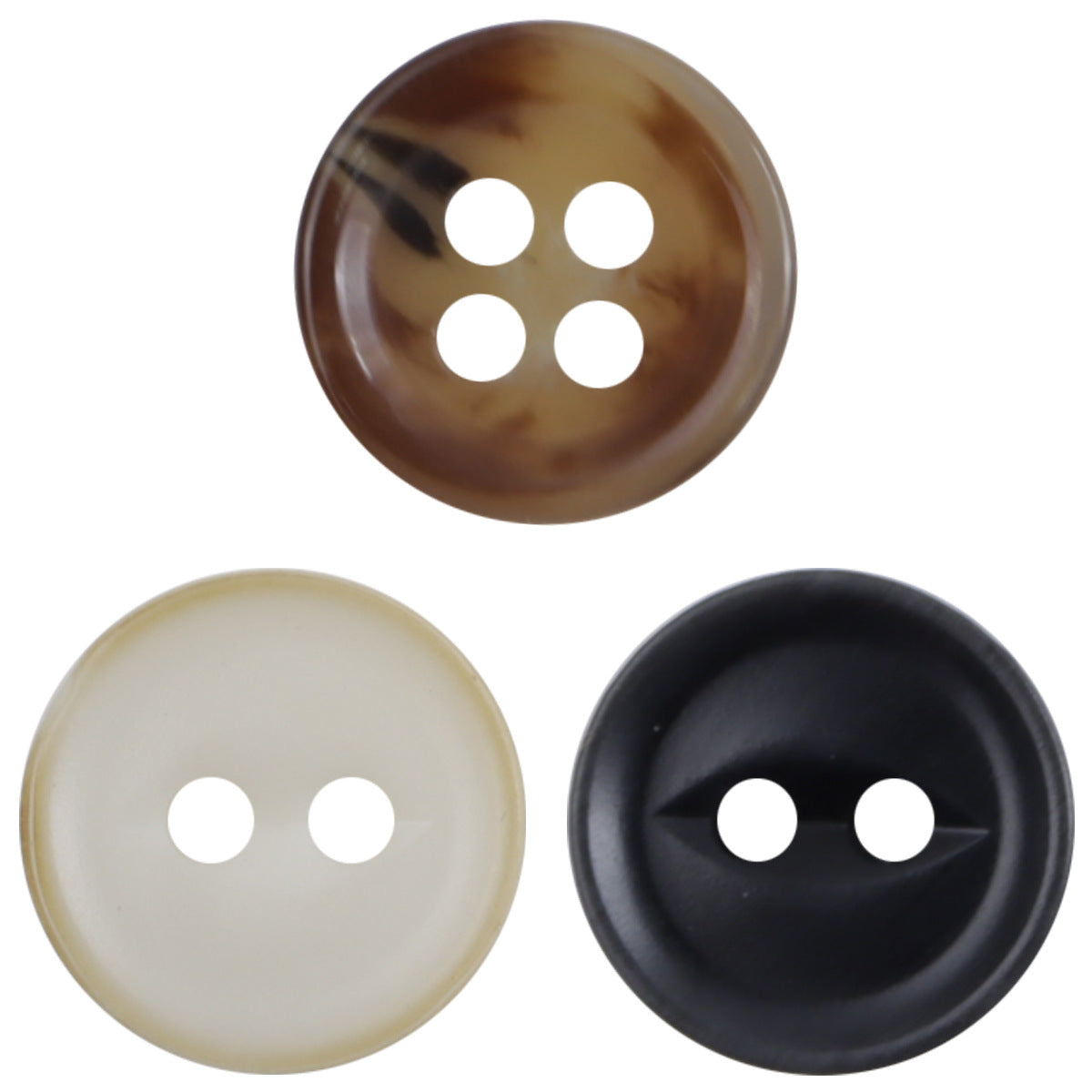 Fish-eye resin shirt buttons (coffee, white, black), four-hole, glossy finish