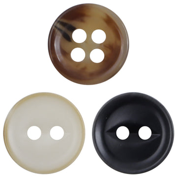 Fish-eye resin shirt buttons (coffee, white, black), four-hole, glossy finish