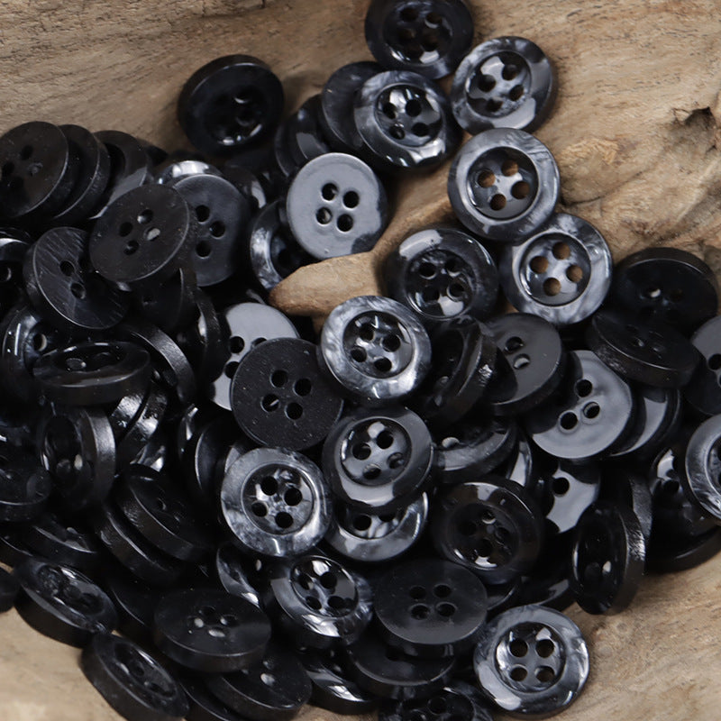 11.5mm round 4-hole resin buttons, black and speckled dark, bulk assortment