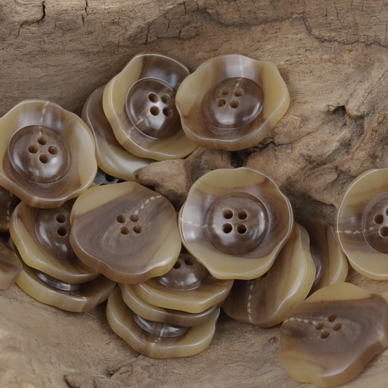 Khaki irregular lotus resin buttons, four-hole, glossy translucent finish