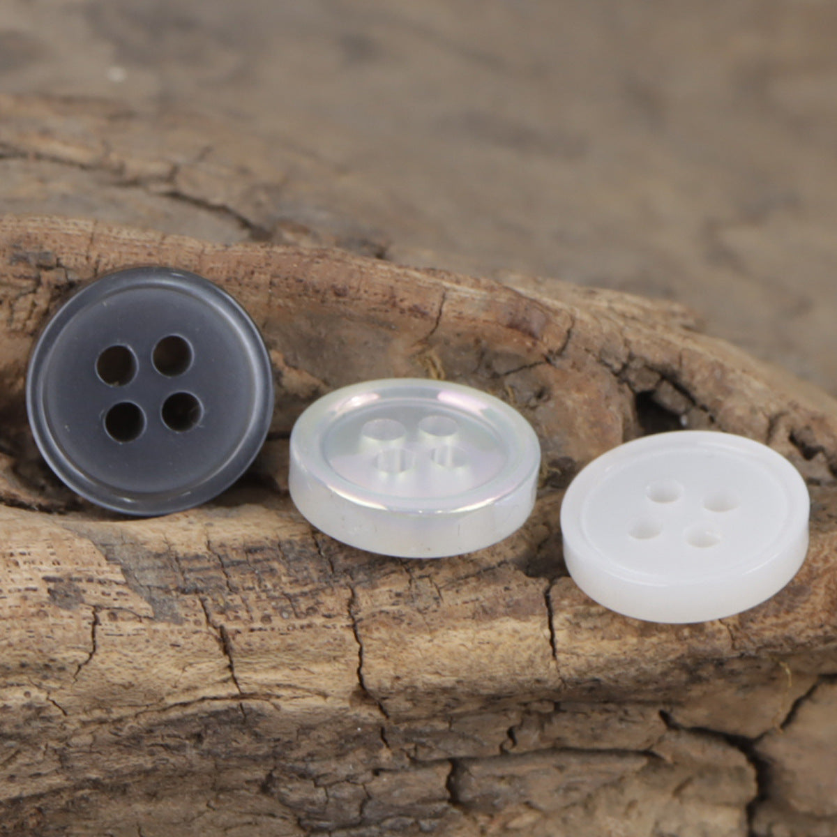 Round 4-hole resin buttons, gray, clear, and white (set of 11.5mm buttons)