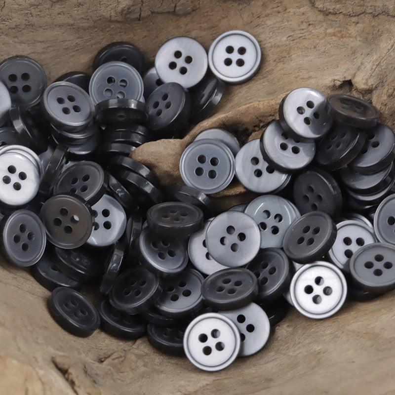 Round 4-hole resin buttons in matte black and gray tones, 11.5mm set