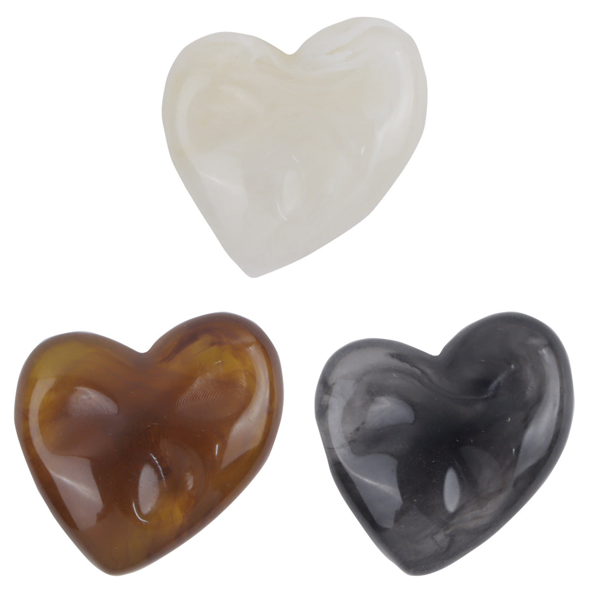 Heart-shaped resin buttons in beige, brown, and black with metal shanks, 10PCS