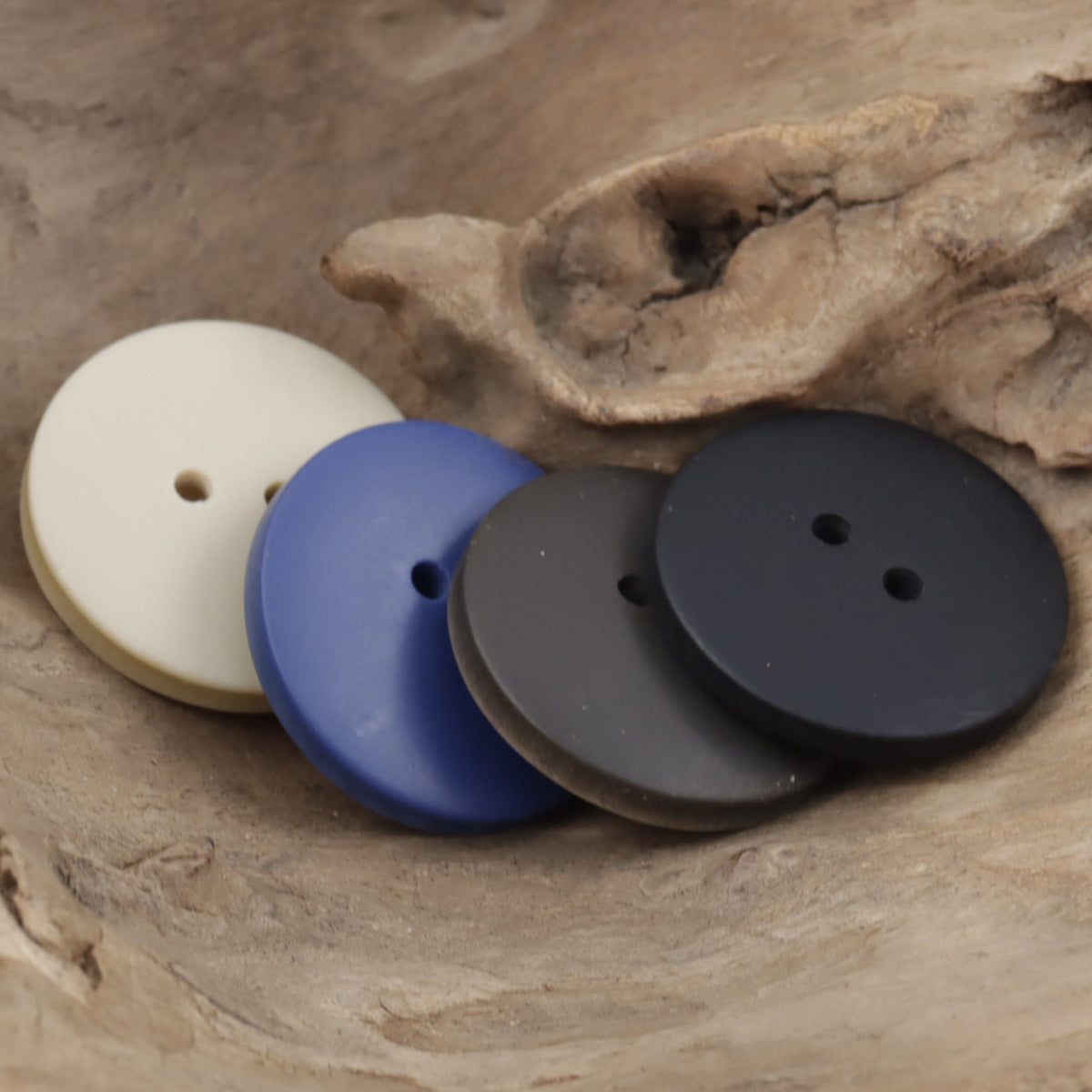 Round two-hole resin coat buttons: cream, periwinkle blue, dark gray, black