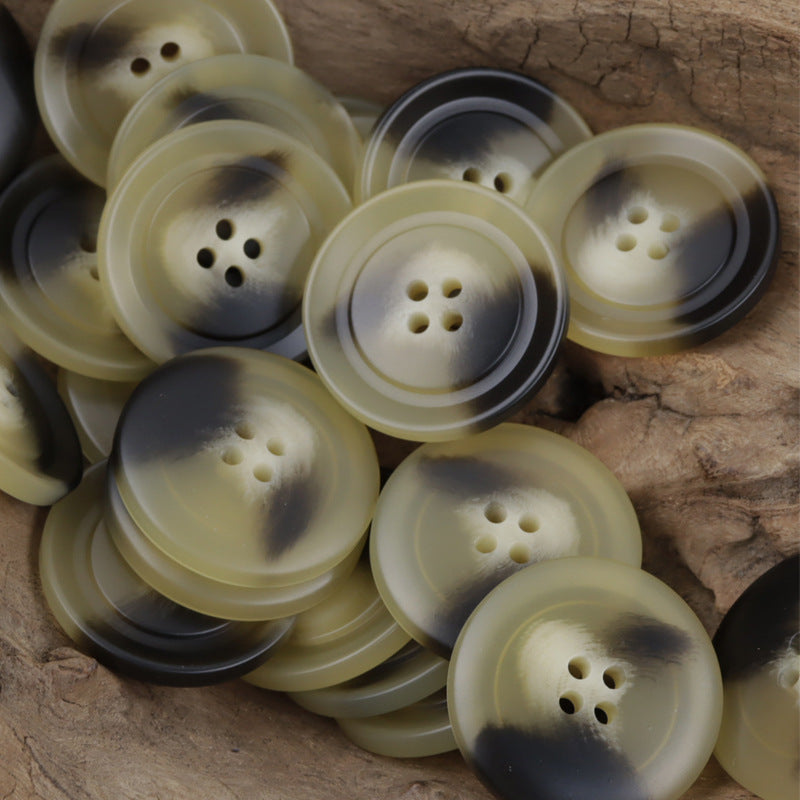 Khaki resin buttons, round 4-hole design, glossy surface with slight sheen