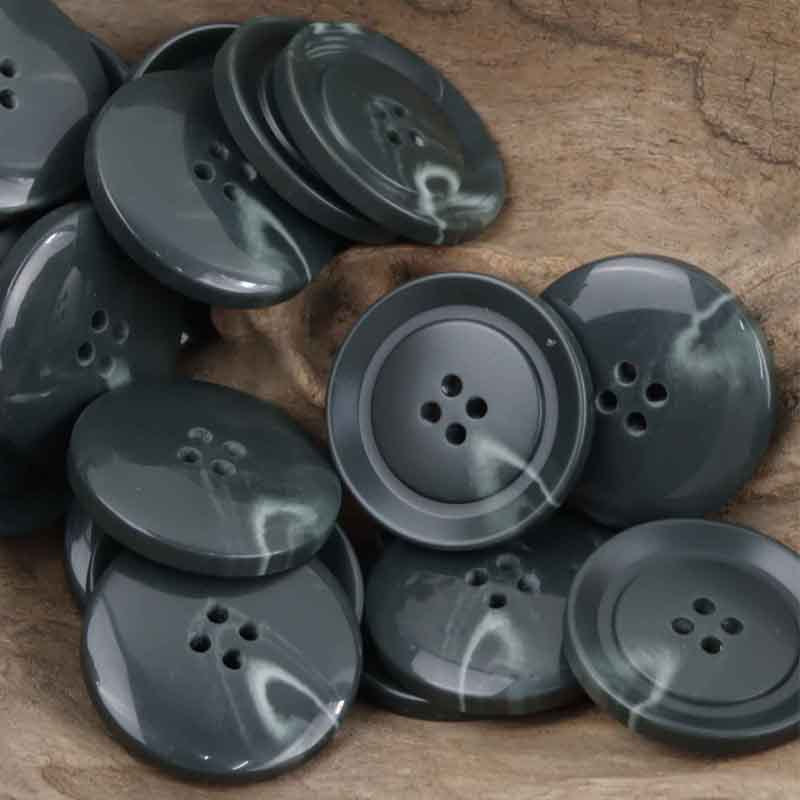 Black resin buttons, round 4-hole design, glossy dark finish