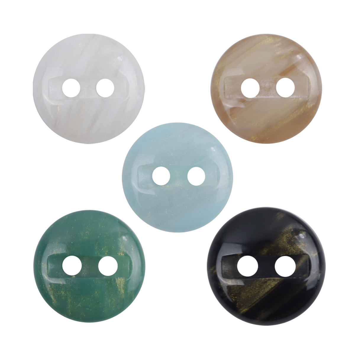 Two-hole resin buttons, mixed colors: clear white, tan, light blue, green, black