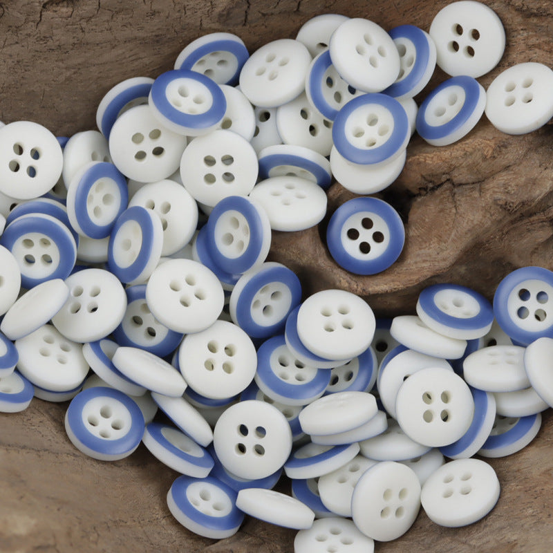Round resin buttons with 4 holes, white face with blue edge, children's sewing