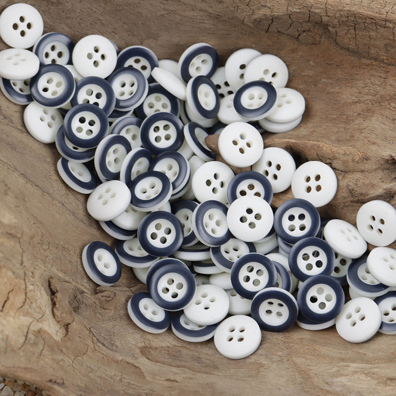 Blue-and-white round resin buttons with 4 holes, two-tone edge design