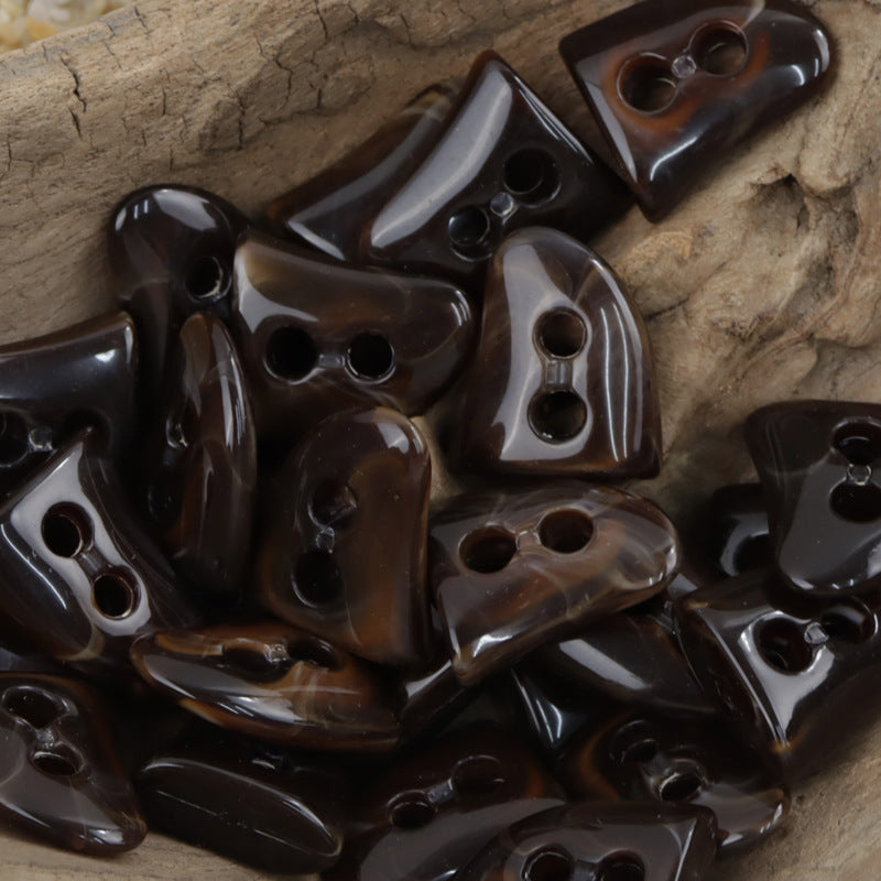 Irregular triangular resin toggle buttons, 2-hole, dark brown color for bag/shoe