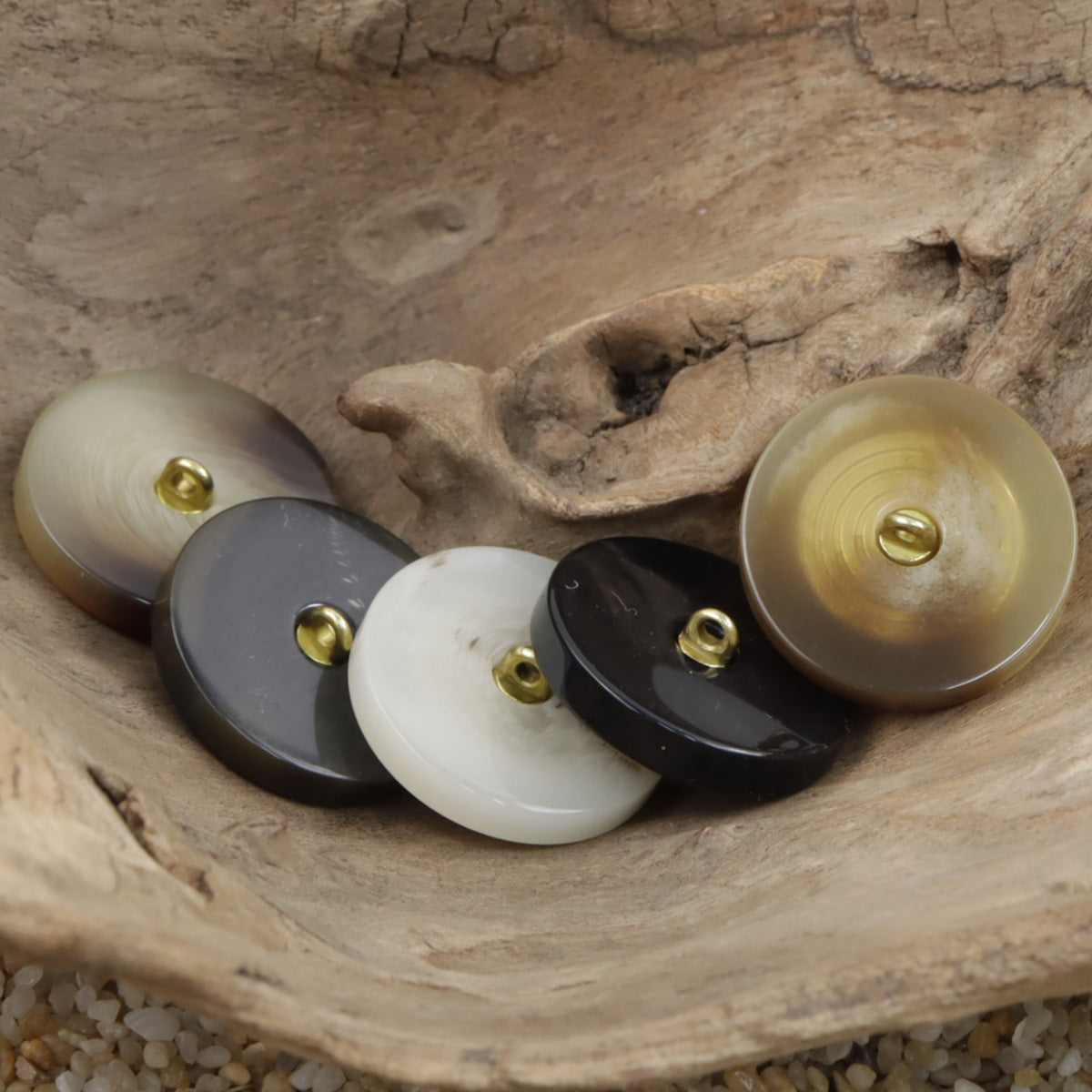 Resin buttons assortment: light, charcoal, and dark brown/black with gold crown emblem