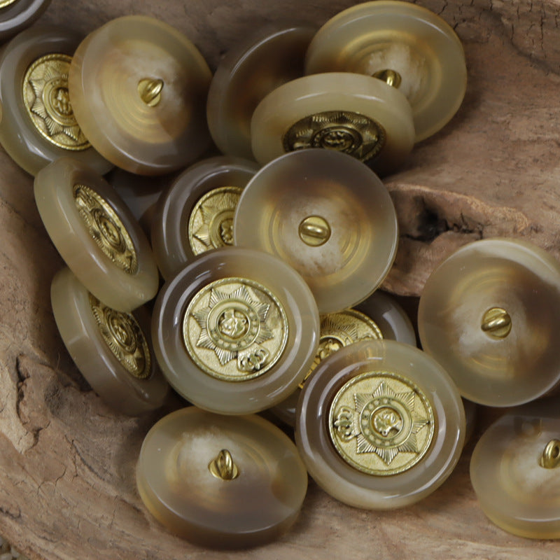 Light khaki resin buttons with gold star crown emblem and gold shank detail