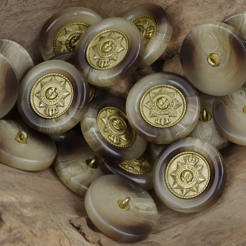 Ivory resin buttons with gold star crown emblem, rounded 2-hole shank style