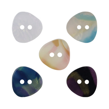 Iridescent irregular triangle resin buttons, 2-hole; white, cyan, orange, blue, black mix