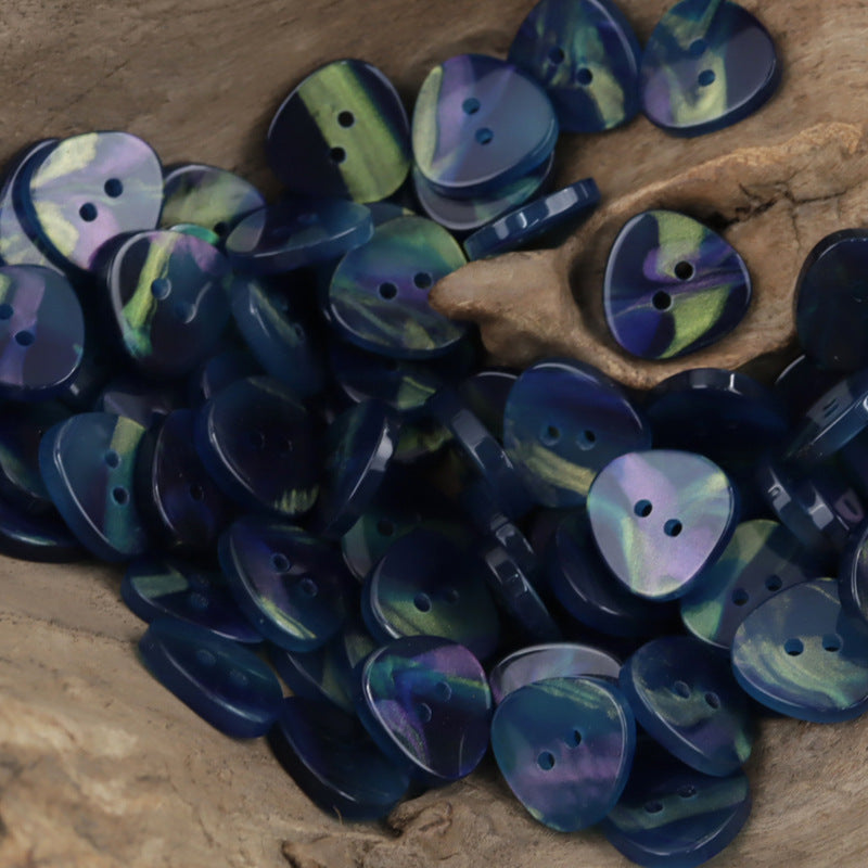 Iridescent triangle resin buttons, 2-hole in dark blue with green and purple highlights