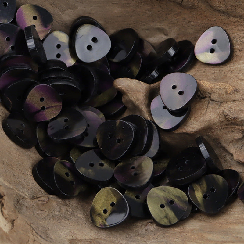 Black iridescent triangle resin buttons, 2-hole with subtle purple and olive sheen