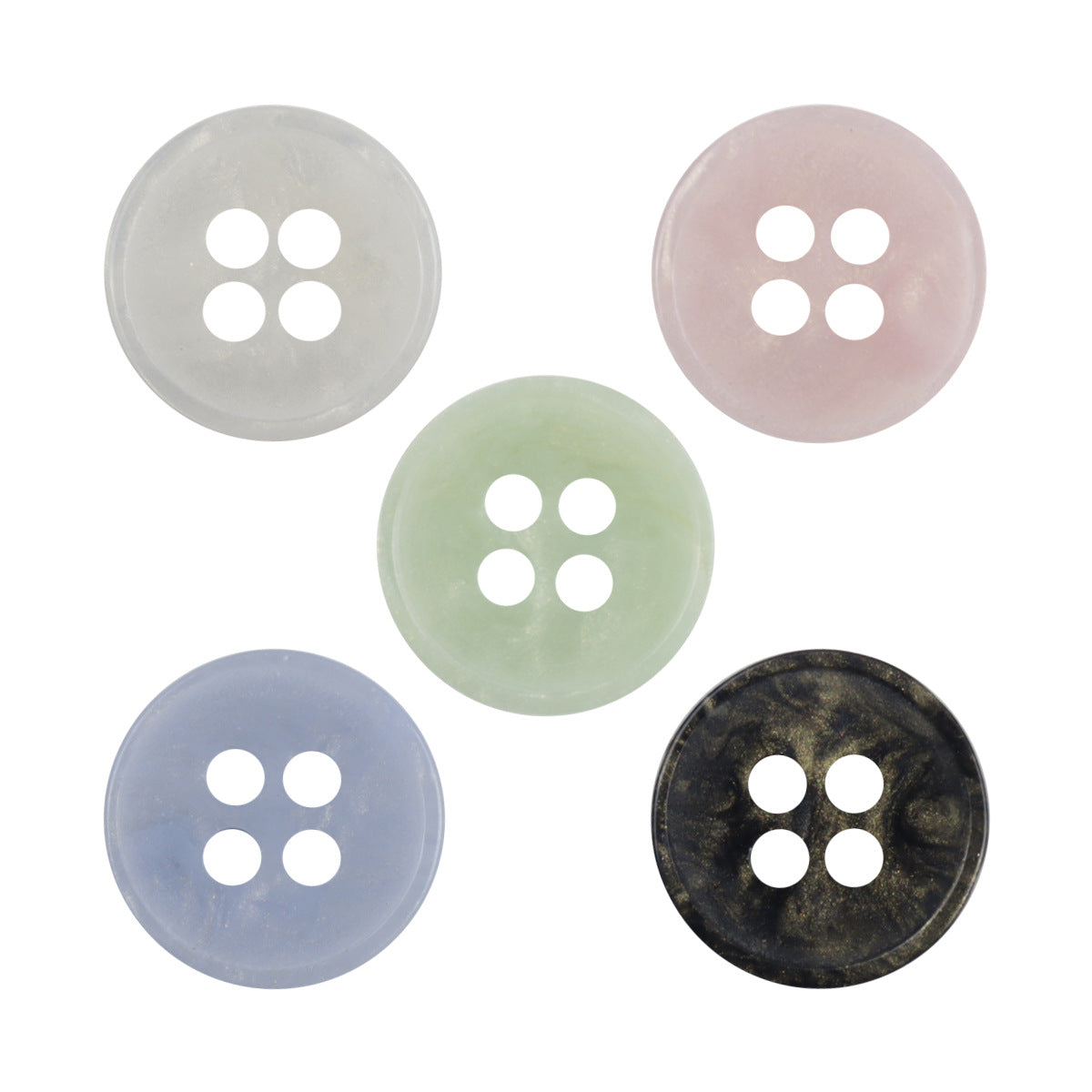 4-hole resin buttons, translucent pastel set: gray, pink, mint, navy, dark (5 shown)