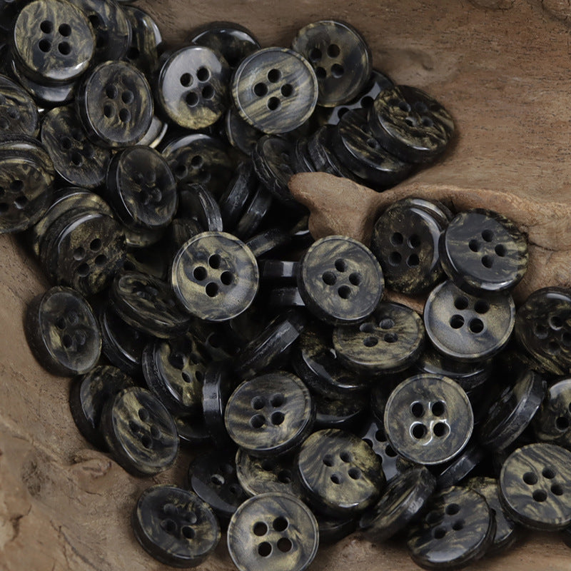 Dark resin 4-hole buttons assortment with marbled sheen (many shown)