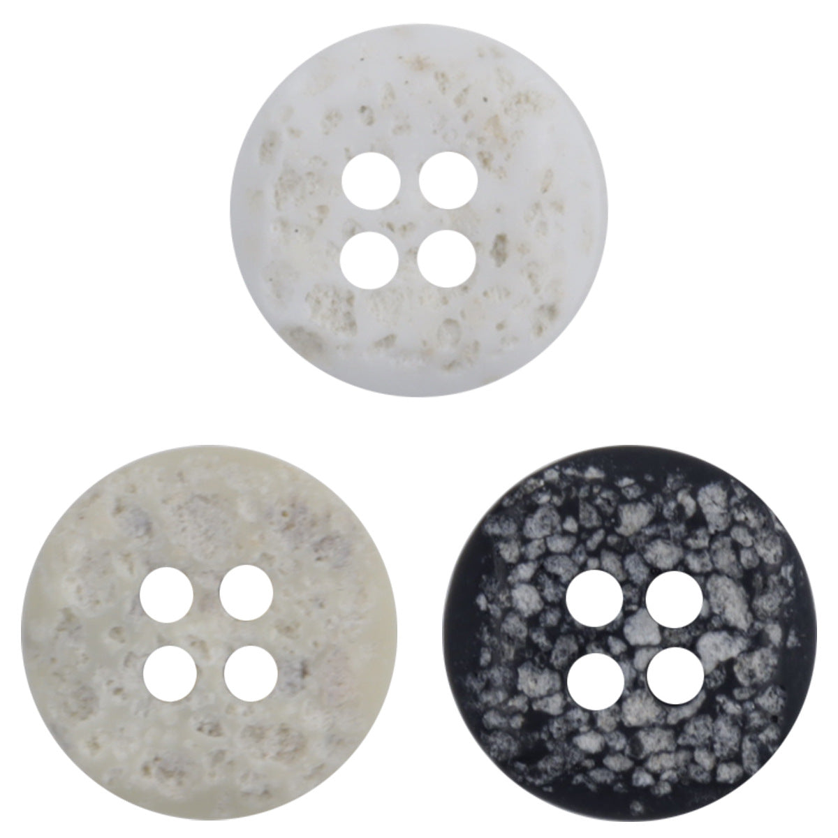 Moon-surface resin buttons, 4-hole, light and black speckled discs (set view)