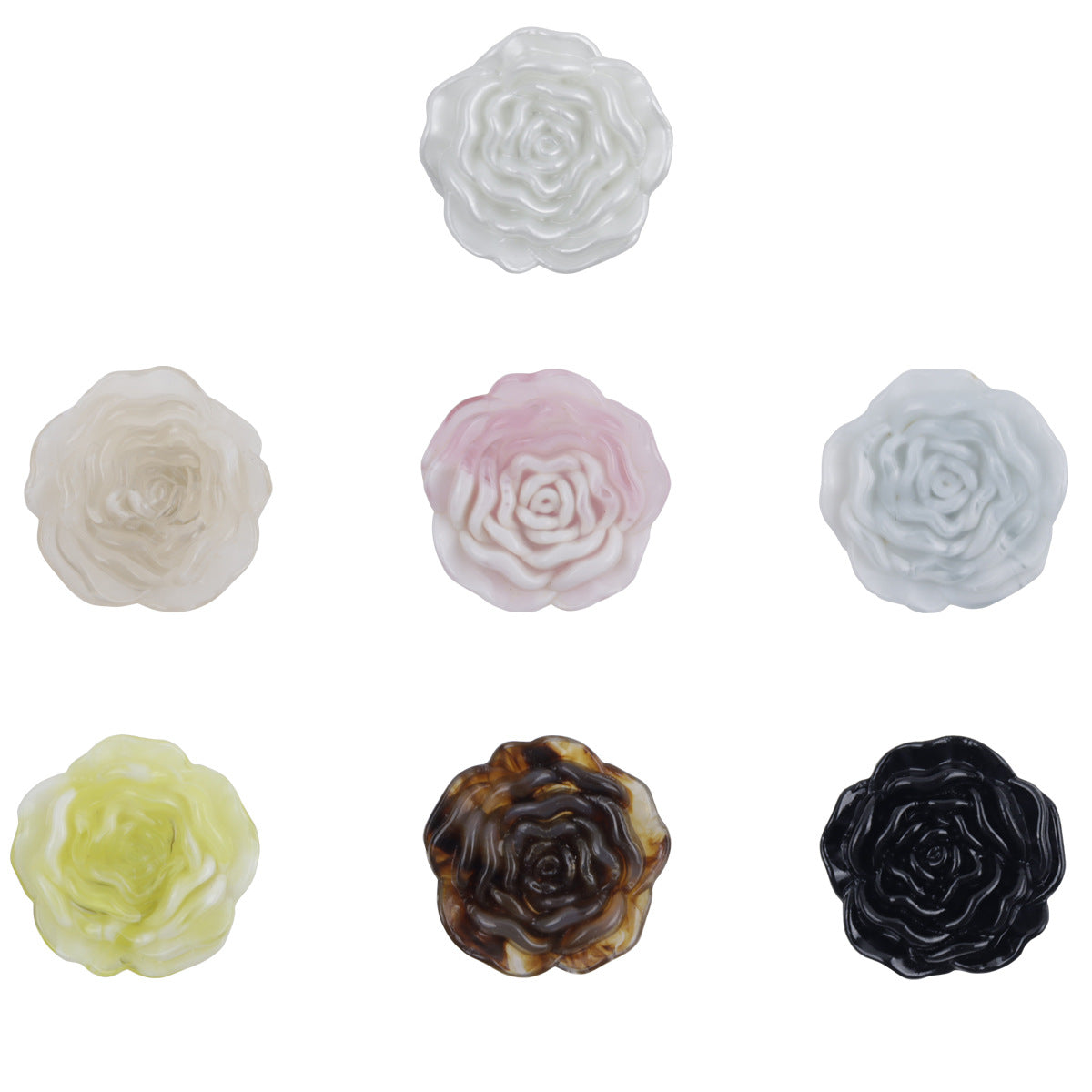 Peony acrylic decorative buttons, mixed colors (white, pink, blue, green, brown, black)