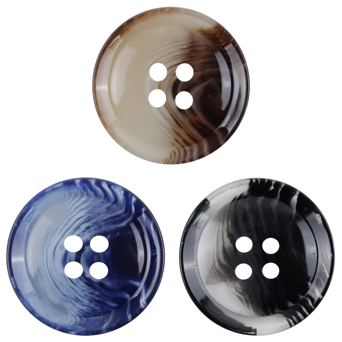 Marbled 4-hole resin buttons, round, assortment of Khaki, Blue, and Black (30pcs)