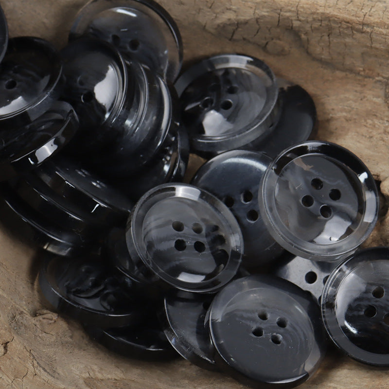 Black 4-hole resin buttons, round with glossy marbled surface, 30pcs