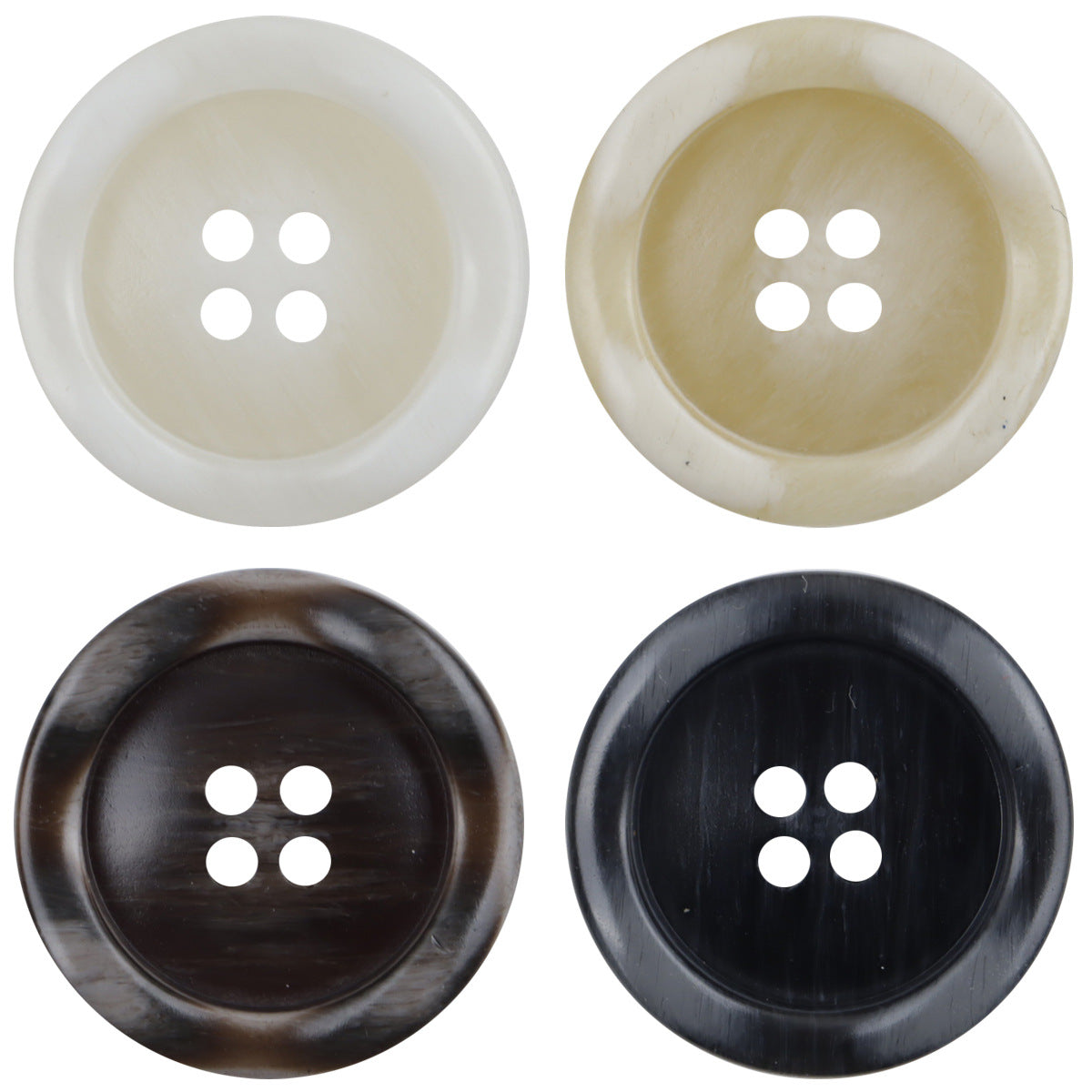 Resin buttons set with 4-hole design, white/khaki/coffee/black, wood-grain look