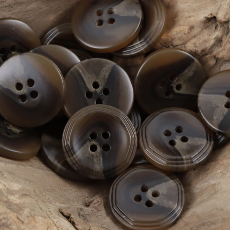 Coffee resin buttons, geometric 4-hole design, 10 pcs