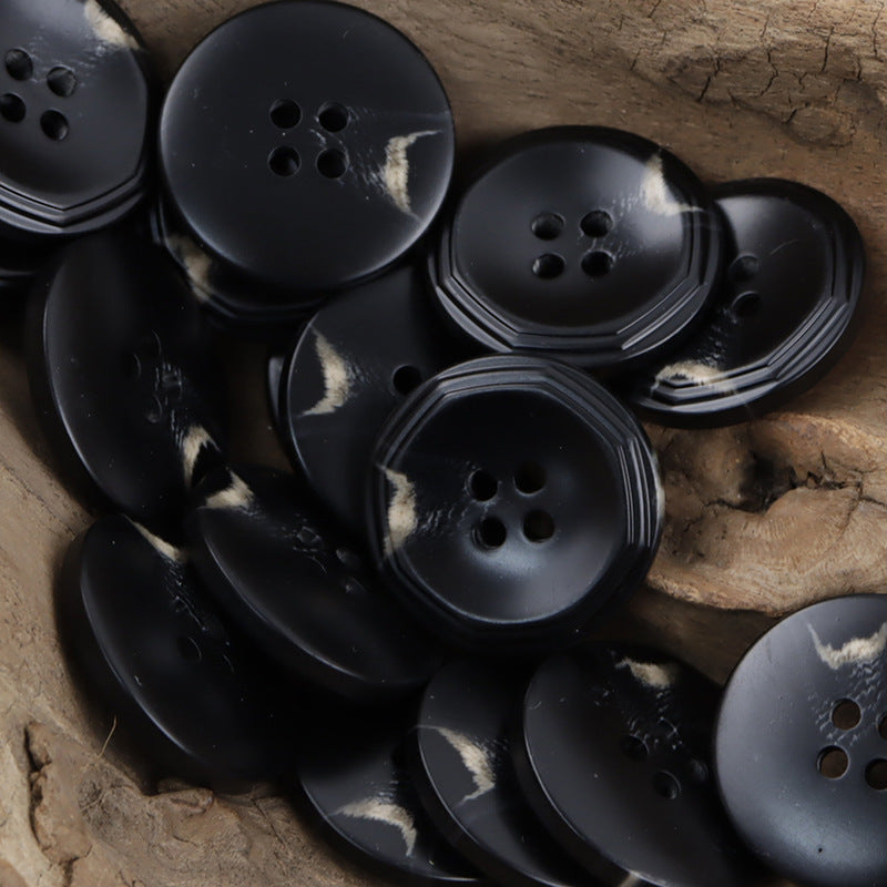 Black resin buttons with geometric 4 holes, 10 pcs
