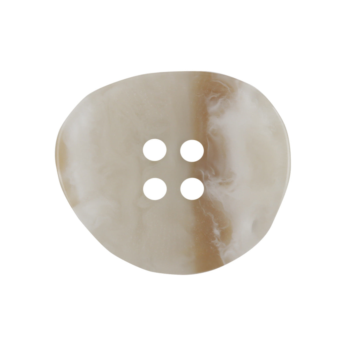 Light khaki resin button, 4-hole, wood-grain swirl, irregular oval, single