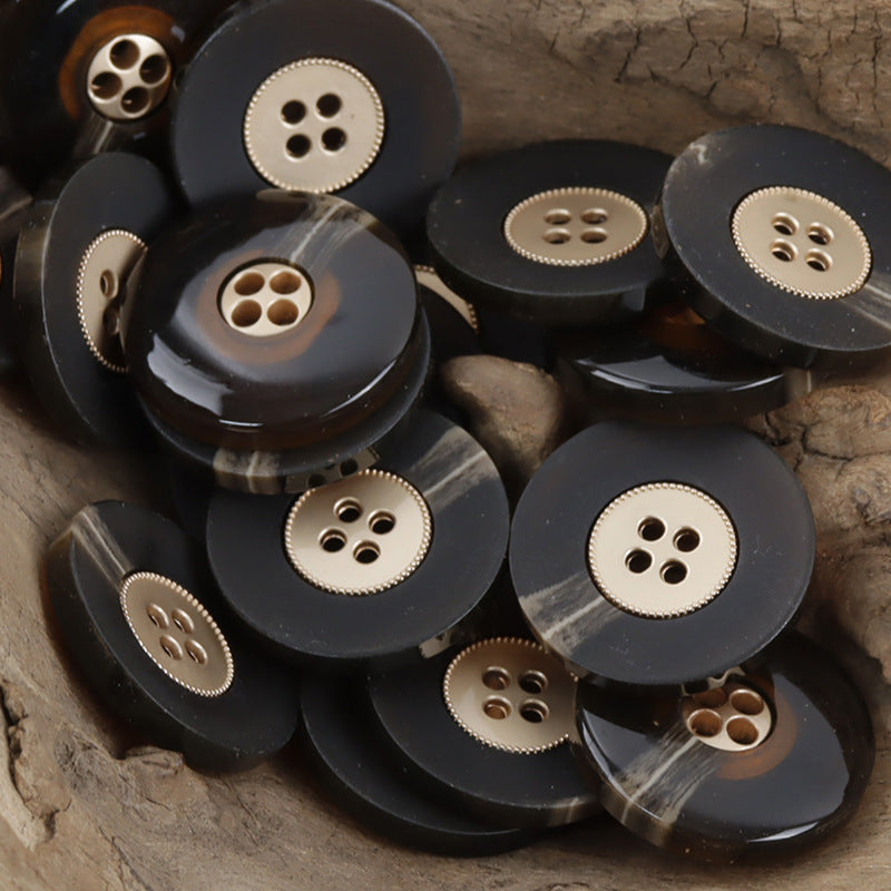 Coffee vintage resin-metal coat buttons, round dark finish with silver rim and four holes