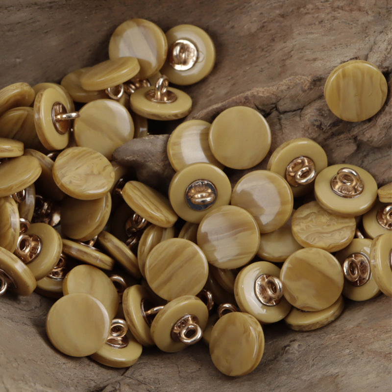 Yellow resin buttons with wood-grain look and metal shanks, round 11.5mm