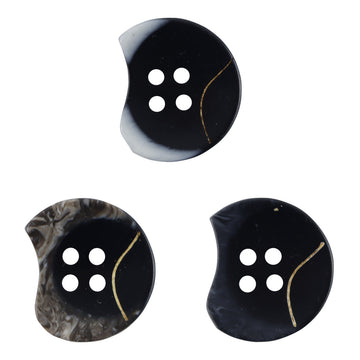 Notched resin button, black with white marbling, four holes, wavy edge, gold trim