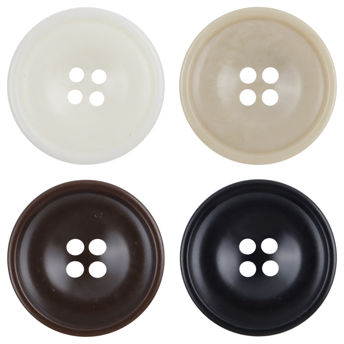 Resin sewing buttons, 4-hole design (white, cream, brown, black) for shirts and dresses