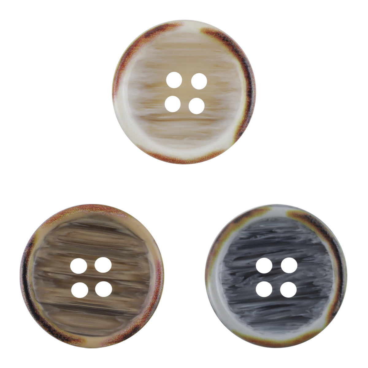 Round resin button set, light cream with burnt wood-grain edge, 4-hole design