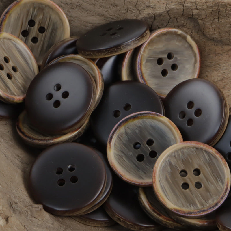 Dark coffee and gray resin buttons, burnt wood-grain edge, round 4-hole faces