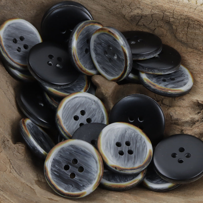Gray resin buttons with burnt wood-grain edge, round design with 4-hole and 5-hole variations