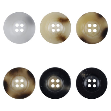 Wide-edged resin buttons, horn-pattern in light gray, beige and brown, 4 holes