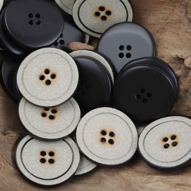 Frosted resin buttons, 4-hole, dark gray & black, round with granular finish