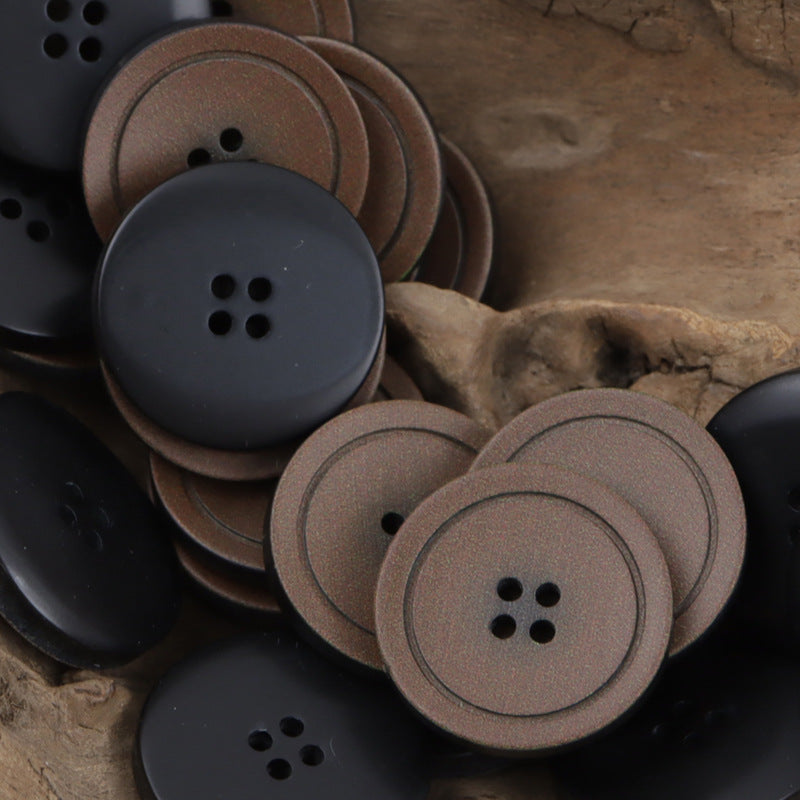 Frosted resin buttons, 4-hole, brown & dark, round, granular surface